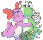  birdo blush cute dinosaur hamzie kissing low_res male mario mario_bros nintendo plain_background reptile ribbons scalie tail tennis_racket tennis_racquet video_games white_background yoshi 