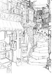  bad_id bad_pixiv_id bouno_satoshi greyscale highres japanese_cylindrical_postbox japanese_postal_mark monochrome no_humans old_kana_usage original postbox_(outgoing_mail) railing sign sketch stairs town work_in_progress 