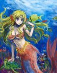  bad_id bad_pixiv_id bandeau bare_shoulders bikini_top blonde_hair blue_eyes bracelet breasts bubble circlet cleavage collarbone fish head_fins highres jewelry large_breasts long_hair mermaid monster_girl necklace o-ring o-ring_top original pearl_necklace sketch solo tafuto turtle underboob underwater 
