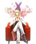  ascot bad_id bad_pixiv_id barnaby_brooks_jr blonde_hair bunny chair easy_chair formal green_eyes male_focus no_eyewear sitting solo suit te_ru_ya tiger_&amp;_bunny vest waistcoat 