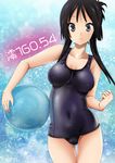  akiyama_mio bad_id bad_pixiv_id ball beachball black_hair blue_eyes covered_navel k-on! long_hair one-piece_swimsuit ragho_no_erika school_swimsuit solo swimsuit thigh_gap wavy_mouth wet 