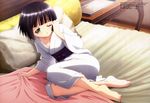  absurdres barefoot bed black_hair blanket feet green_eyes highres ikoku_meiro_no_croisee itou_ikuko japanese_clothes kimono lying megami non-web_source obi official_art on_bed on_side one_eye_closed pillow sash short_hair solo toes waking_up yukata yune_(ikoku_meiro_no_croisee) 