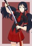  black_hair blood-c glasses grey_eyes highres juu_ho katana kisaragi_saya long_hair scabbard school_uniform sheath solo sword twintails unsheathing weapon 