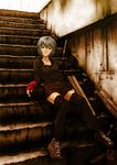  arm_warmers ayanami_rei belt black_legwear blouse blue_hair casual heiyuen highres looking_at_viewer neon_genesis_evangelion red_eyes shoes short_hair shorts signature sitting sitting_on_stairs sneakers solo stairs thighhighs 