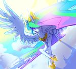  alicorn crossed_hooves crossing_hooves crown equine female feral friendship_is_magic hair hasbro horn looking_away looking_to_side mammal multi-colored_hair my_little_pony princess_celestia_(mlp) rainbow_hair sky solo unknown_artist winged_unicorn wings 