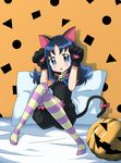  animal_ears bell blue_eyes blue_hair blush cat_ears cat_paws cat_tail eyelashes heartcatch_precure! highres jack-o'-lantern kurumi_erika long_hair pantyhose paws pillow precure pumpkin solo striped striped_legwear tail tokiani 