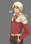  1boy bad_id bad_pixiv_id barnaby_brooks_jr barnaby_brooks_jr_(cosplay) belt blue_eyes cosplay devil_may_cry devil_may_cry_4 hands_on_hips hiryuu_(kugelcruor) jacket jewelry male_focus necklace nero_(devil_may_cry) parody red_jacket simple_background solo studded_belt tiger_&amp;_bunny white_hair 