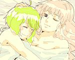  bare_shoulders bed blonde_hair bonbonbobon collarbone green_hair hand_on_another's_head happy light_smile lying macross macross_frontier multiple_girls one_eye_closed ranka_lee shared_blanket sheryl_nome short_hair under_covers yuri 