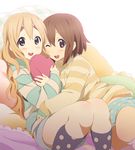  :d ;d blonde_hair blue_eyes blue_hair blush brown_eyes brown_hair casual cushion heart hirasawa_yui hug k-on! kisuke_(akutamu) kneehighs kotobuki_tsumugi long_hair loungewear multiple_girls one_eye_closed open_mouth pillow pillow_hug polka_dot polka_dot_legwear round_teeth shirt short_hair smile socks striped striped_shirt teeth yuri 