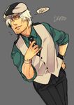  bad_id bad_pixiv_id blue_eyes cabbie_hat cosplay dante_(devil_may_cry) devil_may_cry devil_may_cry_4 facial_hair hand_on_hip hat hiryuu_(kugelcruor) kaburagi_t_kotetsu kaburagi_t_kotetsu_(cosplay) male_focus necktie parody simple_background solo stubble tiger_&amp;_bunny vest watch white_hair wristwatch 