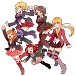  4girls androgynous beatrice beatrice_(cosplay) blonde_hair boots brown_hair cosplay crown frills multiple_girls necktie niso orange_hair pink_neckwear ponytail red_hair shannon shorts shorts_under_skirt skirt striped striped_legwear tattoo thighhighs umineko_no_naku_koro_ni ushiromiya_ange ushiromiya_jessica ushiromiya_lion ushiromiya_maria 