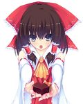  :o bad_id bad_pixiv_id bow brown_hair chocolate chocolate_heart colorized gift hair_bow hakurei_reimu heart highres holding holding_gift incoming_gift kyougoku_touya liong looking_at_viewer simple_background solo touhou upper_body valentine 