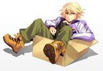  blonde_hair blue_eyes boots box cardboard_box dpzkzl full_body in_box in_container ivan_karelin jacket male_focus simple_background sitting solo tiger_&amp;_bunny 