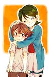  1girl blush brown_eyes brown_hair closed_eyes green_hair hug ichinose_kazuya ieiieiiei inazuma_eleven inazuma_eleven_(series) inazuma_eleven_go kino_aki short_hair smile 