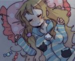  bad_id bad_pixiv_id blonde_hair candy casual closed_eyes food frilled_pillow frills k-on! kotobuki_tsumugi long_hair loungewear pillow sleeping solo striped striped_sweater sunameri_oishii sweater 