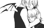  bat_wings closed_eyes duster_(artist) greyscale hug izayoi_sakuya monochrome multiple_girls remilia_scarlet short_hair touhou wings 