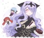  berka_(fire_emblem_if) black_armor black_eyes black_headband blue_hair breasts camilla_(fire_emblem_if) cleavage closed_eyes commentary english_commentary fire_emblem fire_emblem_if gloves hair_over_one_eye headband long_hair luna_(fire_emblem_if) multiple_girls open_mouth plate plushcharm purple_hair red_eyes red_hair short_hair tiara twintails twitter_username 