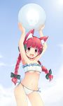  animal_ears armpits arms_up bad_id bad_pixiv_id ball beachball bikini bow braid breasts cat_ears cloud colorized day fujy hair_bow highres kaenbyou_rin liong long_hair medium_breasts open_mouth orange_eyes red_eyes red_hair ribbon sky solo swimsuit touhou twin_braids underboob 