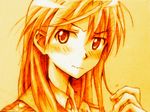  amaoto blush gertrud_barkhorn hair_tousle hair_twirling long_hair monochrome orange_(color) sepia sketch solo strike_witches traditional_media wavy_mouth world_witches_series 