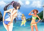  adjusting_clothes adjusting_swimsuit aqua_eyes ass bad_id bad_pixiv_id ball beachball bikini black_hair blonde_hair blue_sky bow breasts brown_eyes brown_hair butt_crack cloud day fang from_behind groin hair_bow hair_ornament hairclip hand_on_hip highres looking_back masami_chie medium_breasts multiple_girls navel ocean open_mouth original outdoors ponytail print_sarong rock sarong sideboob sky smile standing strap_gap swimsuit tan tankini tanline translucent_sarong underboob water yellow_eyes yellow_sarong 