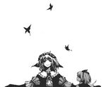  bug butterfly duster_(artist) empty_eyes greyscale hat insect konpaku_youmu monochrome multiple_girls saigyouji_yuyuko short_hair simple_background touhou 