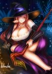  bare_shoulders breasts cleavage detached_sleeves dragon's_crown dress hat huge_breasts md5_mismatch qblade red_eyes side_slit sitting solo sorceress_(dragon's_crown) staff strapless strapless_dress witch_hat 