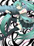  aqua_eyes aqua_hair boots detached_sleeves hatsune_miku highres koi_wa_sensou_(vocaloid) long_hair necktie open_mouth sakuragi_sou skirt solo thigh_boots thighhighs twintails very_long_hair vocaloid weapon 