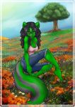  arctic-sekai black_hair braids clothed clothing female green green_eyes hair looking_at_viewer outside seductive sitting skunk solo 