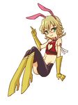  animal_ears bad_id bad_pixiv_id bare_shoulders barnaby_brooks_jr blonde_hair boots bunny_ears chibi cleavage_cutout cosplay crossdressing cutie_honey cutie_honey_(character) cutie_honey_(character)_(cosplay) elbow_gloves glasses gloves green_eyes heart heart_cutout high_heels male_focus midriff shoes simple_background solo tiger_&amp;_bunny white_background ymsr 