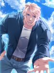  belt blonde_hair blue_jacket bomber_jacket cloud day denim jacket jeans keith_goodman killingrock looking_at_viewer male_focus outstretched_hand pants sky solo tiger_&amp;_bunny 