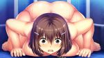 1girl all_fours ass breast_press breasts brown_eyes brown_hair chains game_cg huge_breasts nude orz scared solo sweat tagme 