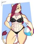  abs ball beach_ball biceps bikini clothing feline female hair jaywnk23 kaylee lion looking_at_viewer mammal muscular muscular_female purple_hair simple_background swimsuit 