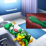  anal bathroom blush brushing bulbasaur crossover darkmirage eyes_closed internal mario_bros nintendo pikachu pok&#233;mon pokemon red_eyes sink super_mario_bros. tentacles toothbrush video_games yoshi 