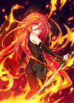  1girl alastor_(shakugan_no_shana) ass black_background bodysuit fiery_hair fire floating_hair from_behind hair_between_eyes highres holding holding_sword holding_weapon long_hair looking_at_viewer looking_back red_eyes red_hair roke shakugan_no_shana shana solo standing sword very_long_hair weapon 