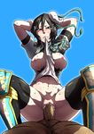  1boy 1girl arms_up black_hair black_legwear blush breasts breasts_outside censored clenched_teeth clothed_female_nude_male clothed_sex cowgirl_position dark-skinned_male dynasty_warriors girl_on_top hair_ornament looking_at_viewer looking_down mouth_hold navel nipples penis pov pov_eye_contact pussy sex shin_sangoku_musou short_hair simple_background skindentation spread_legs straddle straddling sweat tears teeth thighhighs torn_clothes vaginal xing_cai 