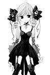  boots bow cross cross_patty dress drill_hair flat_chest garter_belt gothic_lolita greyscale hair_bow jewelry latin_cross lolita_fashion long_sleeves maris_mischa monochrome nanase_aoi necklace petit_monster skull solo thighhighs twin_drills twintails zettai_ryouiki 