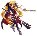  ayano_naoto bardiche belt blonde_hair fate_testarossa fingerless_gloves gloves hair_ribbon long_hair lyrical_nanoha magical_girl mahou_shoujo_lyrical_nanoha mahou_shoujo_lyrical_nanoha_a's miniskirt ribbon single_fingerless_glove single_glove skirt solo thighhighs twintails very_long_hair 