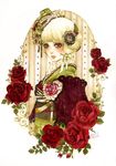  blonde_hair bow flower frills green_eyes hair_bow hair_ornament japanese_clothes lace lipstick lolita_fashion makeup obi original rose sakizou sash solo wa_lolita 