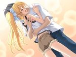  1girl alma_~zutto_soba_ni...~ asamiya_kyou blonde_hair denim game_cg hug jeans matra_milan pants ribbon shorts tozaki_takumi 