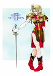  armor blonde_hair blue_eyes boots breasts female full_body gensou_suikoden gensou_suikoden_i gensou_suikoden_ii gloves gradient gradient_background highres iriiri long_hair shoulder_pads solo suikoden suikoden_i suikoden_ii sword valeria_(suikoden) weapon 