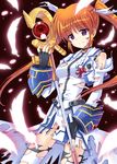  bad_id bad_pixiv_id blood feathers fingerless_gloves gloves jacket long_hair lyrical_nanoha magazine_(weapon) magical_girl mahou_shoujo_lyrical_nanoha_strikers nean open_clothes open_jacket purple_eyes raising_heart red_hair smile solo staff takamachi_nanoha thighhighs torn_clothes torn_legwear twintails waist_cape white_devil 