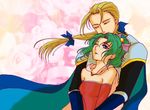  1boy 1girl bare_shoulders blonde_hair blue_eyes blue_ribbon cape couple edgar_roni_figaro eyes_closed female final_fantasy final_fantasy_vi green_hair long_hair male nobu_(artist) ponytail ribbon tina_branford 