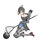  antenna_hair camouflage chimney dress explosive grey_legwear hair_over_one_eye hand_net kriegsmarine mecha_musume military mine_(weapon) nano original personification print_legwear ship short_hair simple_background solo thighhighs watercraft weapon world_war_ii 