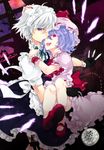  bad_id bad_pixiv_id bat blood blue_hair carrying danmaku fang gloves hand_on_head hug izayoi_sakuya knife multiple_girls pocket_watch princess_carry purple_eyes red_eyes remilia_scarlet short_hair smile thigh_strap touhou tsutsumi_(trmacd) vampire watch white_hair window 