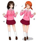  artist_request azumanga_daiou beamed_eighth_notes brown_eyes brown_hair eighth_note kasuga_ayumu long_sleeves lowres mihama_chiyo multiple_girls musical_note one_eye_closed orange_eyes orange_hair school_uniform short_twintails simple_background twintails white_background 