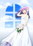  ^_^ bare_shoulders blush bouquet bride closed_eyes cloud day dress flower hair_flower hair_ornament happy long_hair makina_(frog) original purple_hair sky solo standing strapless strapless_dress wedding_dress window 