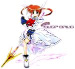  bow fingerless_gloves gloves kijima_renga long_sleeves lyrical_nanoha magazine_(weapon) magical_girl mahou_shoujo_lyrical_nanoha mahou_shoujo_lyrical_nanoha_a's polearm purple_eyes raising_heart red_bow red_hair shoes solo spear takamachi_nanoha twintails weapon winged_shoes wings 