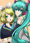 :o beige_background blonde_hair blue_eyes blue_hair collarbone detached_sleeves hair_ribbon hatsune_miku headgear kagamine_rin long_hair long_sleeves looking_at_viewer multiple_girls number open_mouth ribbon shiro_(nitto) simple_background tattoo twintails upper_body very_long_hair vocaloid 