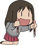  :d =d artist_request azumanga_daiou boxcutter brown_hair chibi college_shirt dual_wielding holding hood hood_down hoodie kasuga_ayumu kneeling long_sleeves nevada-tan open_mouth parody real_life real_life_insert simple_background skirt smile solo white_background |_| 