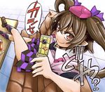  brown_eyes brown_hair cellphone checkered checkered_skirt couch crossed_legs face feet_on_table hat himekaidou_hatate looking_up necktie phone pointy_ears sitting skirt smirk solo tokin_hat touhou twintails uousa-ou 